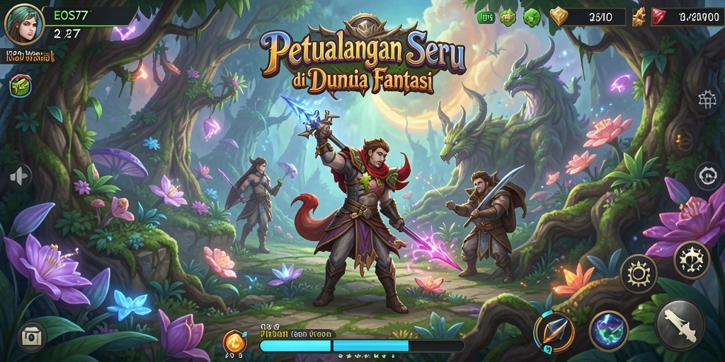 Screenshot EOS77 menunjukkan karakter dalam misi eksplorasi petualangan.