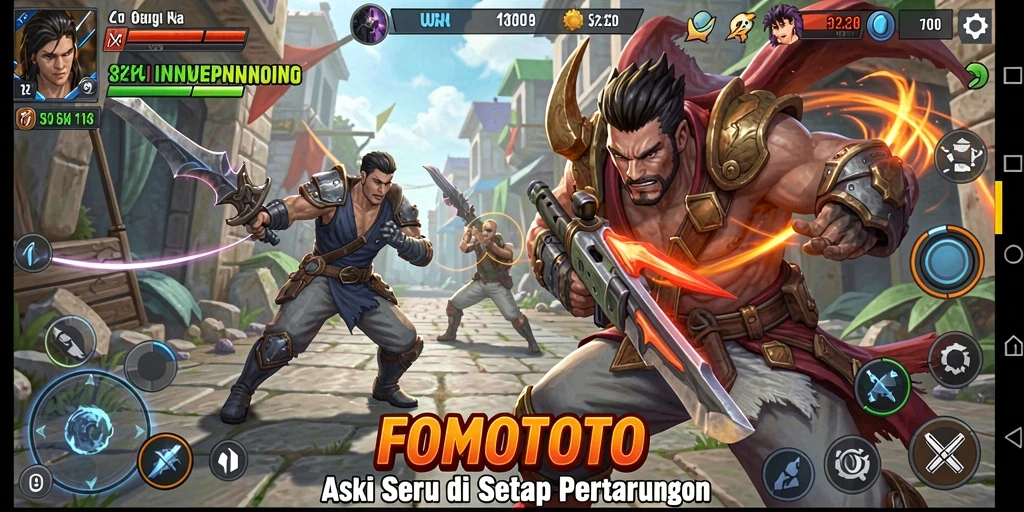 Screenshot FOMOTOTO menampilkan aksi seru dalam pertempuran.