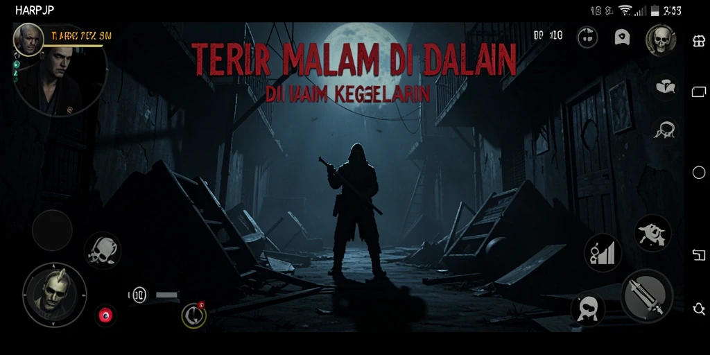 Gameplay HARAPJP yang mencekam dalam suasana gelap.