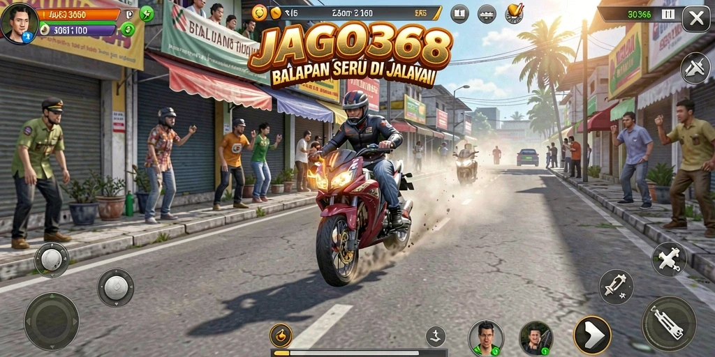 Tangkapan layar gameplay JAGO368 menunjukkan aksi balapan yang dinamis dan mendebarkan.