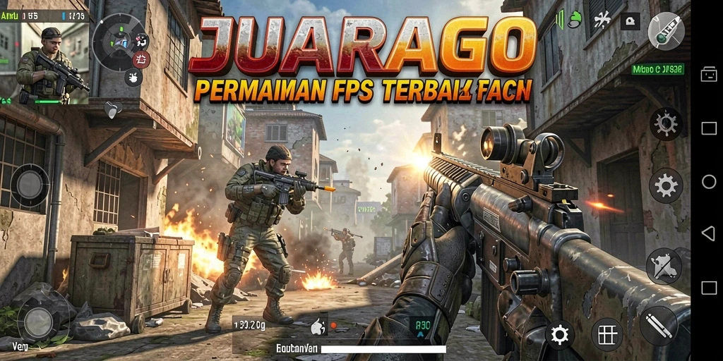 Screenshot gameplay JUARAGO menunjukkan pertempuran intens di medan tempur FPS.