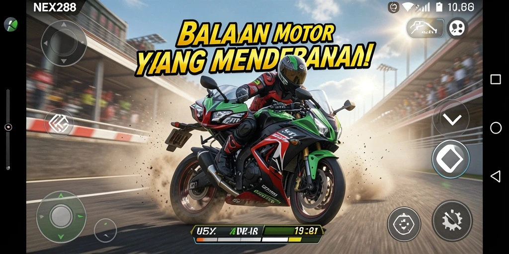 Tampilan gameplay NEX288 yang mendebarkan dengan motor balap yang cepat.