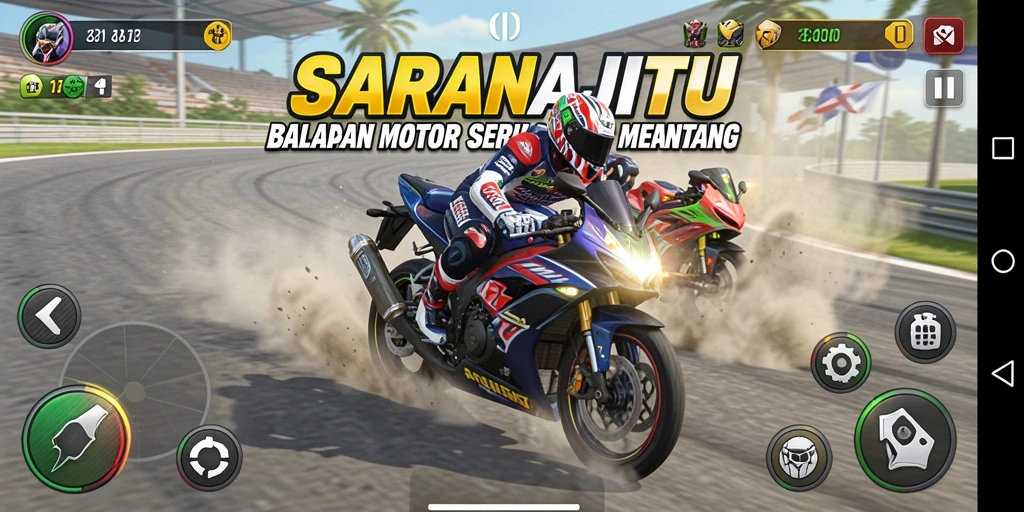 Tampilan gameplay menantang di SARANAJITU dengan motor balap yang cepat.